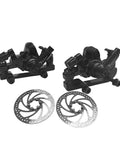 Rock Solid Mechanical Disc Brake Set For Mountain Bikes Featuring Steel Rotor And Caliper Piston With Killer Grip And Sick Stopping Power For Trail Sessions, showcasing calipers and steel rotors.