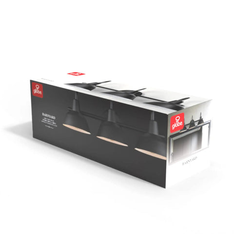 Barnyard 3 Light Vanity Fixture in Matte Black with White Interior Shades, packaging box displayed