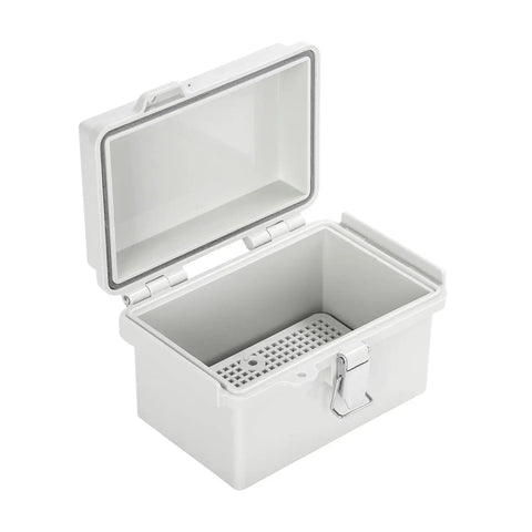Tough As Nails Weather Resistant Gray Enclosure For Din Rail And Relay Mounting With Smooth Abs Shell keeping your switches and power blocks secure, open view showing interior space.