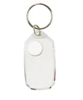 Clear keychain tag with rounded corners and metal ring attachment, representing compact design for durable ABS compass keychain.