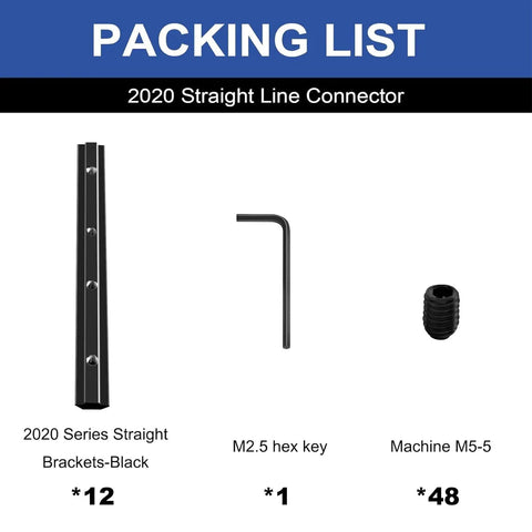 Packing list showing 12 Pack 2020 Straight Connector Corner Bracket Joint Plates For 8020 Aluminum Extrusion with screws and wrench.