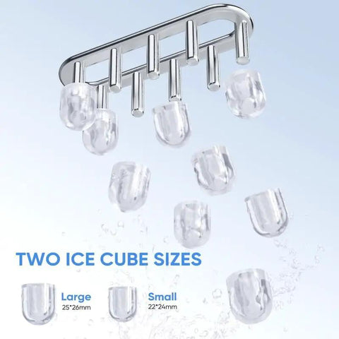 Portable Ice Maker with Self Cleaning System and Scoop Delivers Fresh Ice in Under 6 Minutes for Any Countertop Vibes showing large and small ice cube sizes.
