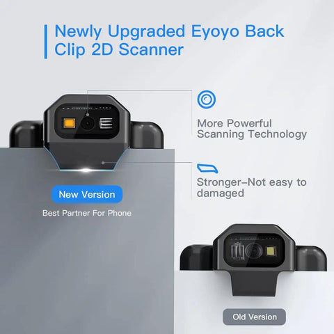 Upgraded Bluetooth Barcode Scanner With Back Clip For iPhone And Android comparison of new and old versions on phone edge