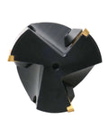 Indexable end mill with three gold carbide inserts and black body in close-up view