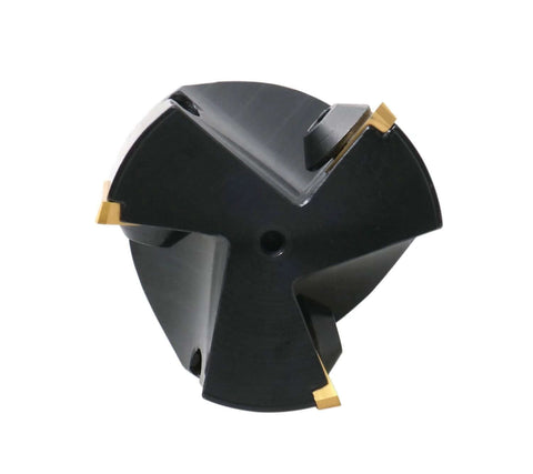 Indexable end mill with three gold carbide inserts and black body in close-up view