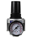 Top Shelf Air Pressure Regulator Valve For Compressor With Included Dial Gauge And Quick Lock Knob, showing durable aluminum construction.