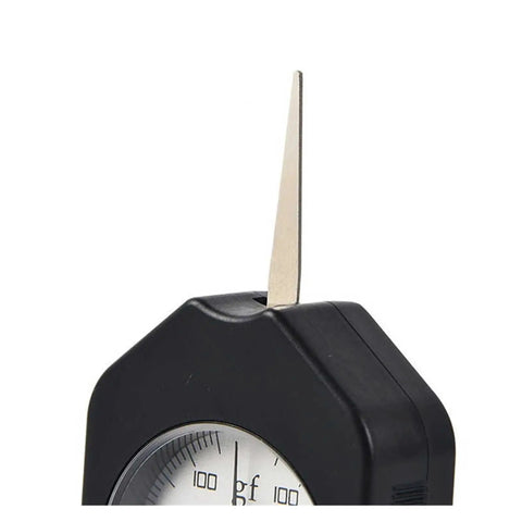 Portable Tension Dynamometer Force Gauge For Textile And Electronics Material Testing With 0.3N Precision And 3N Range, Easy Multi Unit Conversion, Stainless Steel Build, ABS Plastic Housing, Lightweight Yet Durable. Close-up of black ABS plastic and stainless steel force gauge