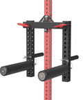 Versatile Lateral Raise Attachment for Plate Loaded Machines Deltoid and Shoulder Press Upgrade on gym rack, black and red design