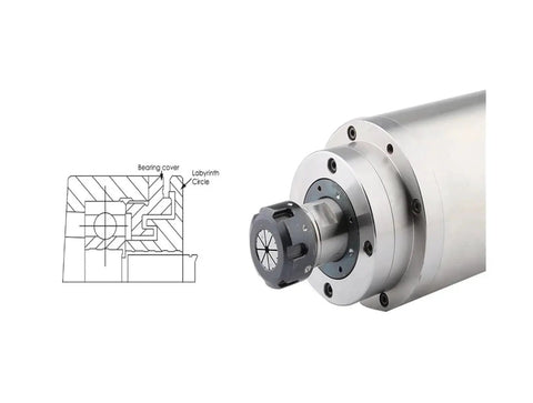 Beefed Up 3.2 kW CNC Spindle Motor, Water Cooled 380V ER25, 105mm body, 4 Bearings, zoom on spindle and technical drawing