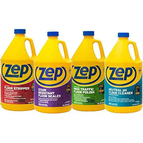Top Shelf Heavy Duty Floor Cleaning Kit With Stripper Sealer Polish And Cleaner Four Gallon Set includes four yellow gallon bottles.