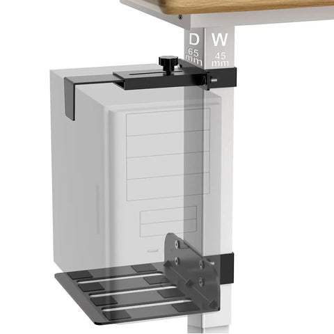 Under Desk PC Mount Heavy Duty Steel Computer Tower Holder Tool Free U Shaped Clamp securely holding a computer tower under a desk.