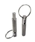 Straight Shooter Stainless Steel Locating Pin Featuring Spring Loaded Indexing Plunger And Retractable Lever For Quick Swaps In Garage Or Woodshop M6 Precise Dowel, detailed view with spring and key ring
