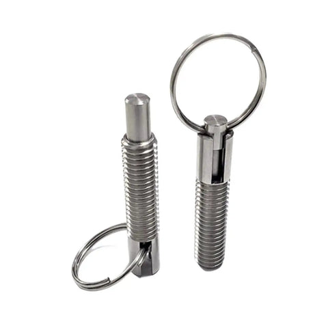 Straight Shooter Stainless Steel Locating Pin Featuring Spring Loaded Indexing Plunger And Retractable Lever For Quick Swaps In Garage Or Woodshop M6 Precise Dowel, detailed view with spring and key ring