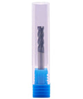 Solid carbide square end mill, 3/16 in diameter, in clear plastic tube with blue cap (front view)