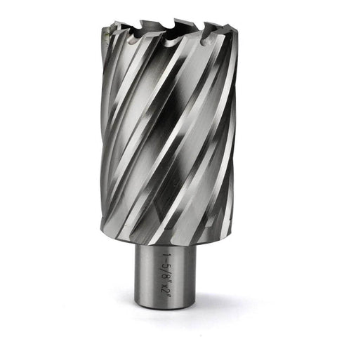 HSS annular cutter with Weldon shank for magnetic drill press; cutting diameter 1-5/8 in, 2 in length.