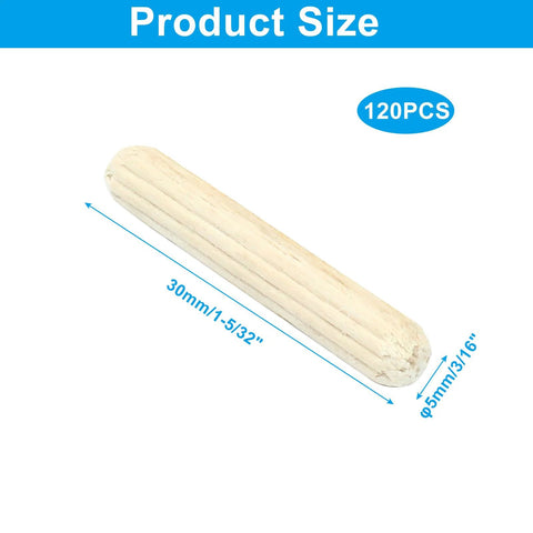 120 Piece Wooden Dowel Pins Set 5x30mm Fluted Dowels With Beveled Ends Hardwood Craft Rods For Woodworking Furniture Shelves Cabinets And DIY Projects Durable And Reusable For Quick Insertion And Strong Joints, showing one pin with dimensions 5mm x 30mm.