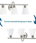 Three Light Bath Vanity Fixture From Ashford Collection In Brushed Nickel Finish showing upward and downward mounting options.