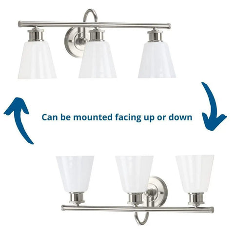 Three Light Bath Vanity Fixture From Ashford Collection In Brushed Nickel Finish showing upward and downward mounting options.