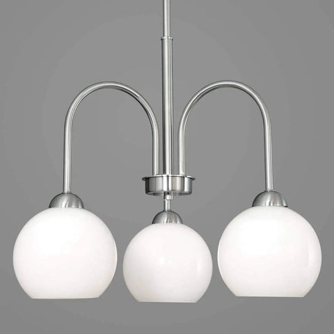 Carisa Three Light Chandelier In Brushed Nickel Finish With Glossy White Glass Globes For Modern Living And Dining Rooms Mid Century Revival Style For Home Decor