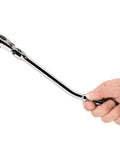 Hand holding Three Eighths Inch Drive Long Ratchet With 180 Degree Flex Head And Quick Release, Twelve Inch Bent Handle, Ultra Compact Head