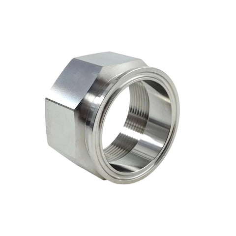 Geife 304 stainless steel tri-clamp to FNPT adapter, front view, 2-in TC x 2-in FNPT.