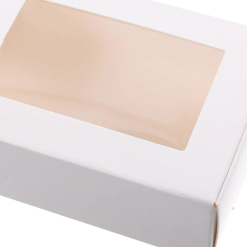 Close-up of Kraft Paper Cookie Boxes With Clear Window Safe And Odorless Bulk Pack Of 50 Mini Treat Boxes for display.