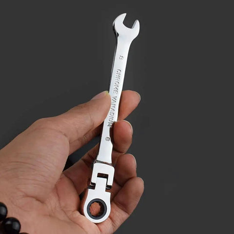 Go-To Universal Ratchet Spanner Set 6-24mm With Easy-Grip Wrench Kit For Car Repair And Home Maintenance, shown in hand, chrome finish