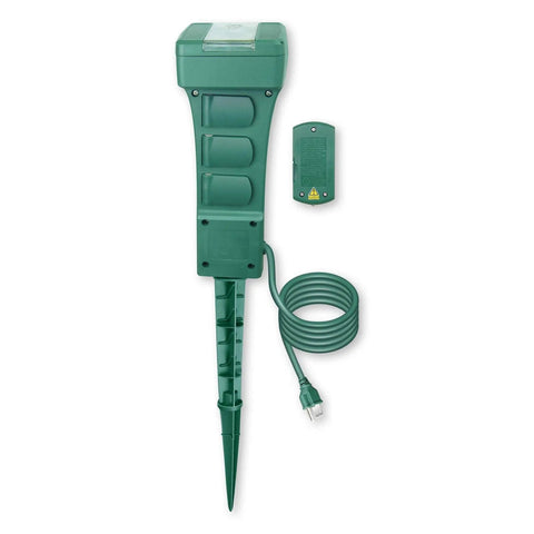No Drama Outdoor Power Stake With Remote Control Photocell Timer And Dusk To Dawn Switch, green stake with outlet cord.