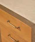 Antique Brass Cabinet Handles 5.04 Inch Center To Center Zinc Alloy Drawer Pulls 6 Pack installed on wooden drawer