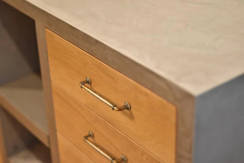 Antique Brass Cabinet Handles 5.04 Inch Center To Center Zinc Alloy Drawer Pulls 6 Pack installed on wooden drawer