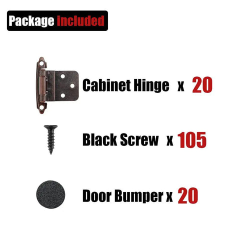 Image showing package contents: Inset Cabinet Door Hinges Three Eighths Inch Matte Black 20 Pack Flush Face Mount For Cupboard And Kitchen Cabinets 10 Pairs Max Fit Nine Millimeter Step Door Heavy Duty Stainless Screws Included, 105 black screws, and 20 door bumpers.
