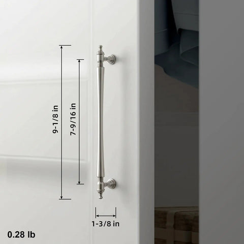 Transitional Satin Nickel Cabinet Pulls With 7 9/16 Inch Hole Centers shown on a white cabinet door, highlighting dimensions.