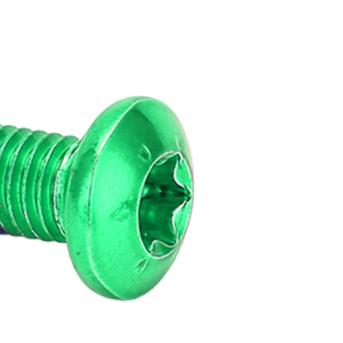 Close-up of green aluminum screw from Aluminum Alloy Disc Brake Rotor Bolts 12 Piece Set For Mountain Road And Fixed Gear Bikes