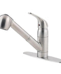 First Rate Pfirst Series Single Handle Pull Out Kitchen Faucet in Stainless Steel with 360 Degree Swivel Spout Water Efficient 1.75 GPM