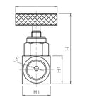 Technical drawing of a high pressure gas needle valve for industrial lines, carbon steel, small body, straight valve with round handle.