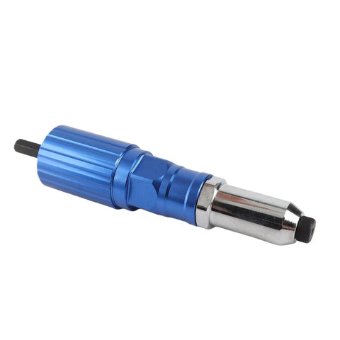 Heavy Duty Cordless Rivet Gun Adapter For Drills With Four Piece Aluminum Rivet Nut Kit, blue, for garage wrenching and auto restoration.