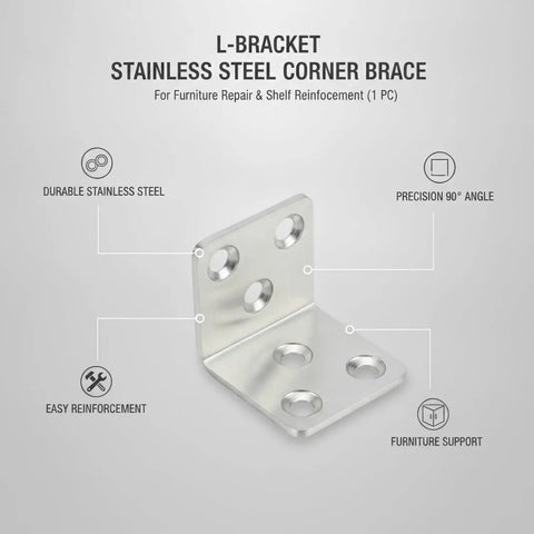 Heavy Duty Stainless Steel L Bracket Corner Brace For Furniture Repair And Cabinet Shelf Reinforcement, 90 Degree Angle Support, 1 Pack