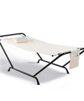 Freestanding Outdoor Hammock With Stand for your yard deck or patio built tough with 600 pound capacity rust proof stainless steel connectors includes soft pillow and handy storage bag white