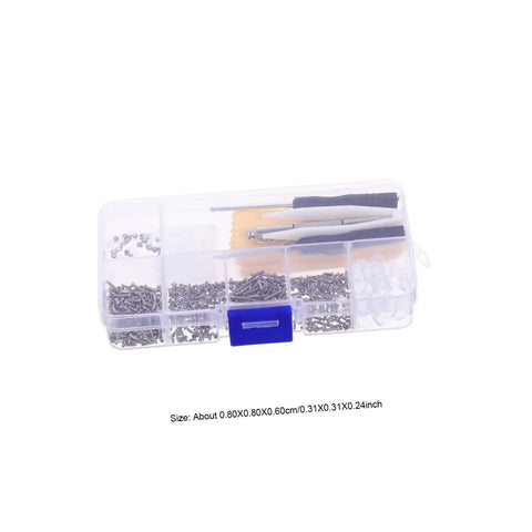 Pro Grade Glasses Repair Kit With Screws And Portable Screwdriver Tool For Eyeglasses And Sunglasses Quick Fixes On The Go Replacement Parts Set For Home Or Office Use, compact box with tools and screws visible.