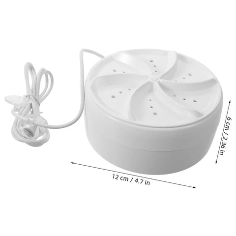 Portable Turbo Mini Washing Machine For Underwear And Clothes Ultrasonic Small Load Turbine Laundry System with white plastic shell.