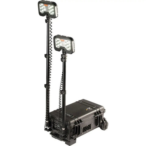 Top Tier Heavy Duty Rechargeable 6000 Lumen LED Flashlight With Dual Swivel Masts setup in carrying case for outdoor projects.