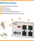 Diagram of Isobar 4-Outlet Surge Protector Power Strip With 6-Foot Cord Right Angle Plug 3330 Joules Metal Housing features