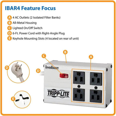 Diagram of Isobar 4-Outlet Surge Protector Power Strip With 6-Foot Cord Right Angle Plug 3330 Joules Metal Housing features