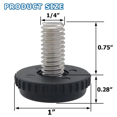 Heavy Duty Stainless Steel Adjustable Furniture Leveler Feet 1/4 20 Thread 10 Pack, displaying dimensions of 1/4-inch rod and 1-inch nylon base.