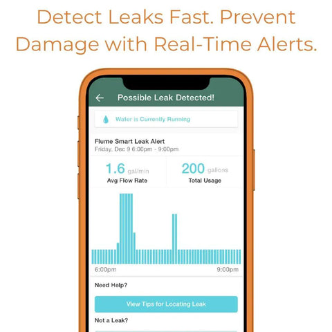 F2X Smart Home Water Monitor and Leak Detector with Real Time Usage Tracking Indoor and Outdoor Leak Alerts on phone screen