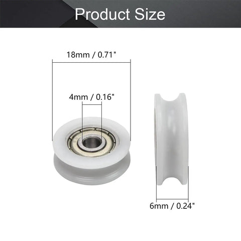 Nylon U Shape Groove Pulley Wheel Set 4x18x6mm Guide Bearing Ball Wheel For DIY Projects, Mechanical Gear, Doors And Windows, White, Low Noise, Smooth Glide, 4 Pieces size diagram