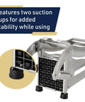 Stainless steel French fry potato cutter with dual blades and suction cup feet, front view.