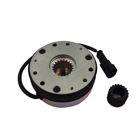 Electromagnetic brake assembly for forklifts, front view; metallic circular flange with splined center bore.