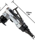 Side view of mini pneumatic chamfering tool for metal beveling with replaceable blades and bearings, silver body