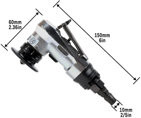 Side view of mini pneumatic chamfering tool for metal beveling with replaceable blades and bearings, silver body